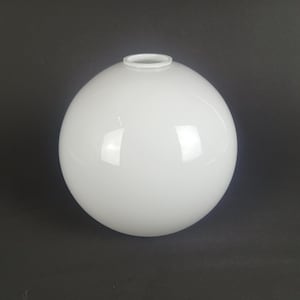 May include: A white, spherical glass lampshade with a smooth, glossy finish. The lampshade has a round opening at the top. The overall shape is a perfect sphere. The background is a solid dark gray.