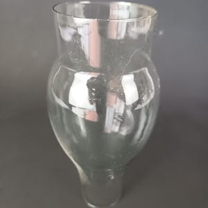 May include: A clear glass vessel featuring a wide, rounded bulbous body that tapers into a narrower cylindrical neck at the top and a smaller circular base at the bottom, showcasing a smooth, transparent surface with subtle light reflections.