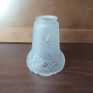 Peut inclure: Abat-jour en verre dépoli de forme évasée. L'abat-jour présente un motif en forme d'éclat d'étoile et des détails floraux. Le verre a un aspect doux et diffus, et le motif est gravé sur la surface. L'abat-jour est conçu pour s'adapter à une ampoule.