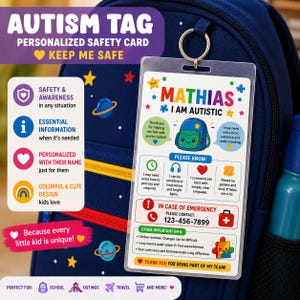 Etiqueta personalizada para mochila con autismo, tarjeta de identificación de alerta médica para niños para mochila, llavero de seguridad para personas con necesidades especiales (no verbales), neurodiversidad, tarjeta para campamento
