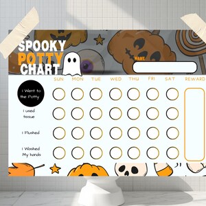 Peut inclure: Un tableau de propreté sur le thème d'Halloween avec les mots "Spooky Potty Chart". Il comprend des espaces pour suivre l'utilisation des toilettes, l'utilisation du papier, la chasse d'eau et le lavage des mains, avec une section de récompense. Le design présente des citrouilles, des fantômes et d'autres éléments d'Halloween.