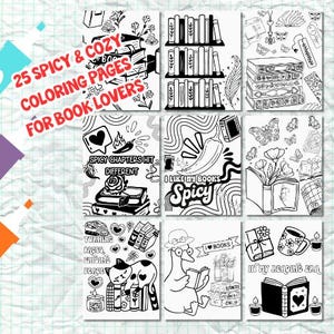 Peut inclure: Un ensemble de 25 pages à colorier pour les amateurs de livres, avec diverses illustrations en noir et blanc. Les pages présentent des livres, des cœurs, des piments et du texte qui dit "Spicy Chapters Hit Different" et "I Like My Books Spicy".