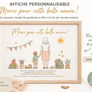 Può includere: Stampa incorniciata con la scritta "Merci pour cette belle année!" e un'illustrazione di un bambino e un insegnante. Include uno striscione, un sole, libri, matite e uno zaino. Un regalo per la fine dell'anno scolastico.