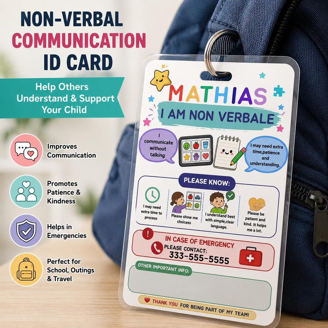 Non Verbal Communication Card for Kids Autism Backpack Tag, Non-verbal ...
