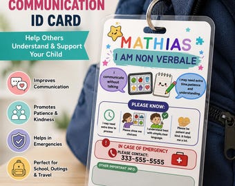 May include: A clear plastic non-verbal communication ID card with the name "MATHIAS" and the text "I AM NON VERBALE." The card includes icons and phrases to aid communication, such as "communicate without talking" and "In case of emergency: 333-555-5555."