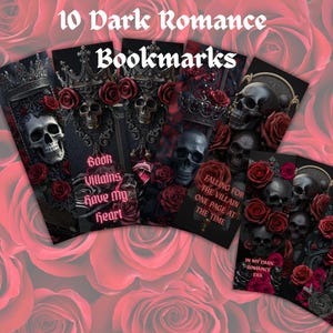 Peut inclure: Dix marque-pages sur le thème de la romance sombre. Chaque marque-page présente des crânes, des roses et des éléments gothiques. Le texte comprend "Book Villains have my heart", "Falling for the villain one page at the time", et "In my dark romance era".