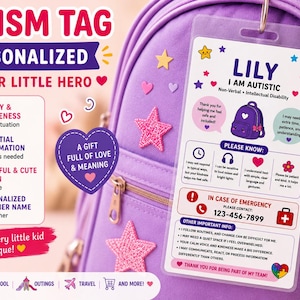 Puede incluir: Una etiqueta de autismo rectangular personalizada sujeta a una mochila morada. La etiqueta muestra el nombre Lily, el texto I AM AUTISTIC, etiquetas de discapacidad no verbal e intelectual, información de contacto de emergencia e iconos que incluyen una mochila, auriculares y un corazón.