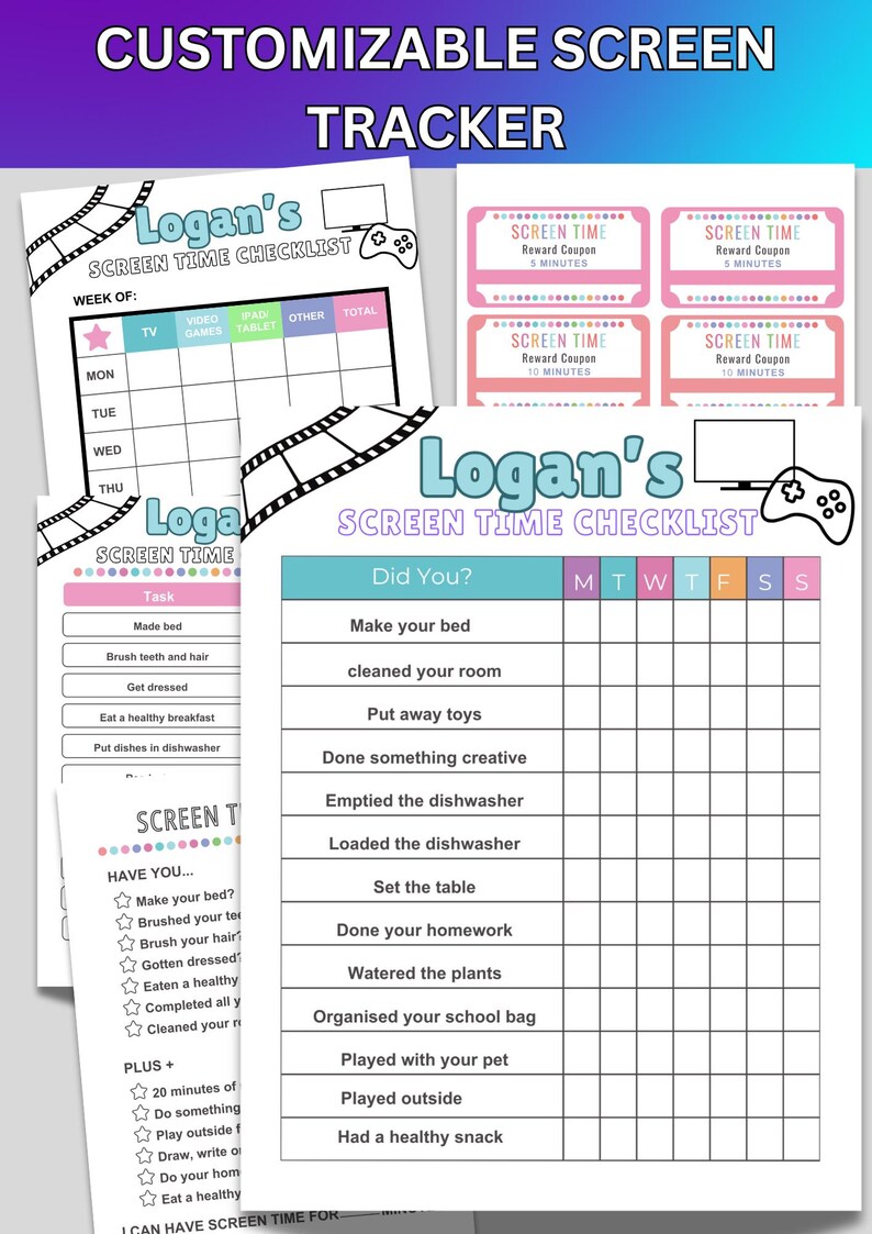 Kids Screen Time Checklist Printable Screen Time Tracker for Children ...