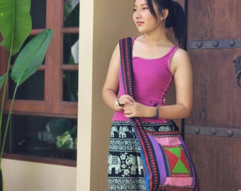 Thai Cotton Sling Bag Purse Hobo Hippie Sling Crossbody Patchwork with Fringe Lined Multicolored Unisex One of A Kind