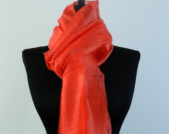 100% Pure Raw Thai Silk Scarf  12"x 62" Long Scarf Neck Scarf Hand-dyed in Fire Red  R40 Small