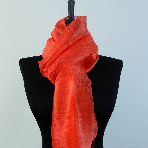 100% Pure Raw Thai Silk Scarf  12"x 62" Long Scarf Neck Scarf Hand-dyed in Fire Red  R40 Small