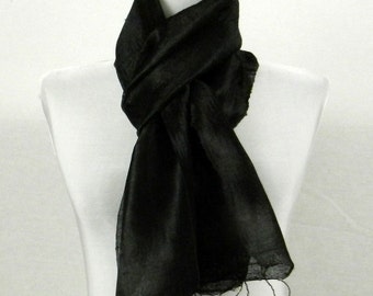 100% pura bufanda de seda tailandesa cruda chal warp 12 "x 62" largo bufanda cuello pañuelo a mano en negro R1 pequeño