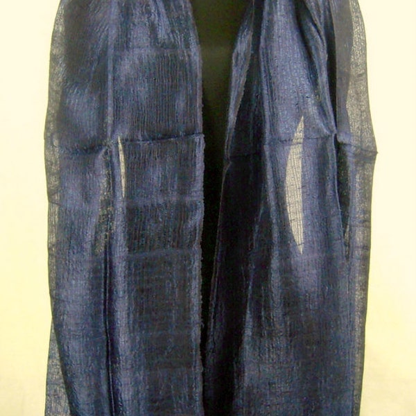 100 % Pure Raw Thai Silk Scarf Shawl Wrap  24"x 62" Large Handmade Fair Trade Navy Blue H2