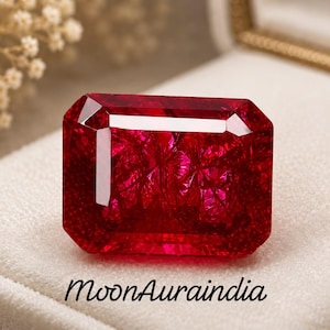 Peut inclure: Une pierre précieuse rectangulaire à facettes d'un rouge profond, dotée d'une surface brillante et réfléchissante avec des motifs cristallins internes. La pierre est posée sur une surface claire avec le texte MoonAuraindia en noir.