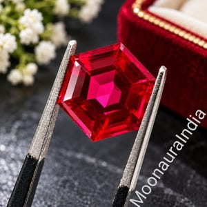 Puede incluir: Una gema roja vibrante de corte hexagonal sostenida por pinzas de metal plateado. La piedra facetada muestra tonos carmesí profundos y bordes geométricos afilados. El texto MoonauraIndia es visible en el lado derecho de la imagen.