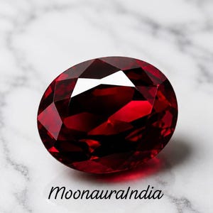 May include: A deep red, oval-cut gemstone with multiple facets that reflect light, creating bright highlights and dark shadows across its surface. The text "MoonauraIndia" is printed in a black, cursive font below the gemstone.