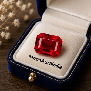 Peut inclure: Une pierre précieuse rouge vif, de taille rectangulaire, est présentée dans un écrin de velours bleu ouvert, à l'intérieur blanc. La boîte met en valeur les facettes de la gemme. Le texte "MoonAuraindia" est imprimé sur la boîte.