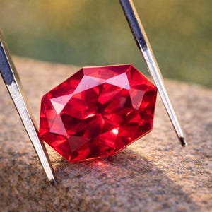 May include: A faceted, deep red gemstone is held by silver tweezers. The gem has a complex, geometric cut, reflecting light. The background is blurred, with a natural, earthy tone.