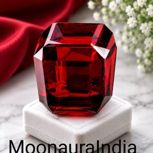 Könnte beinhalten: Ein großer, tiefroter, facettierter Edelstein mit rechteckigem Schliff, der auf einer kleinen, quadratischen, weißen Samt-Präsentationsbox ruht. Der Text MoonauraIndia ist in Schwarz am unteren Bildrand unter der weißen Box gedruckt.
