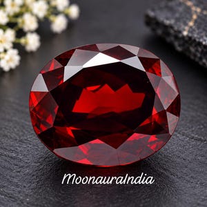Könnte beinhalten: Ein tiefroter, oval geschliffener Edelstein mit zahlreichen Facetten, die das Licht reflektieren. Der Stein liegt auf einer dunklen, strukturierten Oberfläche. Unter dem Edelstein ist der Text MoonauraIndia in weißer Schreibschrift gedruckt.