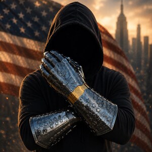 Könnte beinhalten: Eine Person in einem schwarzen Kapuzenpullover mit metallischen Panzerhandschuhen mit Sternaussparungen und goldenen Akzenten, vor dem Hintergrund der amerikanischen Flagge und einer Skyline.