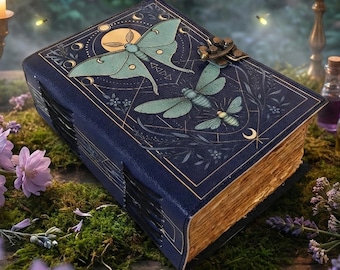 Luna Moth Leather Journal, Book of Shadows, Handmade Grimoire, Witchcraft Spell Book, Moon Journal, Forest Fantasy Notebook