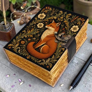 May include: A thick journal with a black cover featuring a central illustration of a red fox surrounded by intricate gold and brown floral patterns. The book has a dark brown leather strap closure with a metal latch and aged, deckled paper edges.