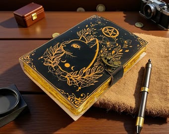 Diario de cuero Grimoire Cat, libro de sombras. Cuaderno de bocetos, suministros de brujería, papel desbarbado hecho a mano, regalos navideños.