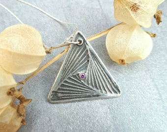 Triangle Zentangle Pendant Silver Triangle Necklace Geometric Pendant with Purple Cubic Zirconia Fine Silver Necklace.