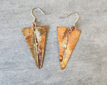 Long Triangle Flame Painted Copper Earrings Fold Formed Copper Jewelry Copper and Sterling Silver Earrings Hammered Copper Unique Jewelry.