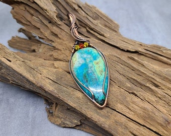 Chrysocolla Parrot Wing Pendant Large Blue Pendant Statement Necklace Copper Wirewrapped Stone Pendant