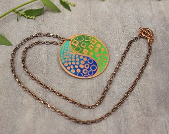 Ying Yang Copper Necklace Blue Green Etched Copper Necklace Copper Jewelry Zen Jewelry.