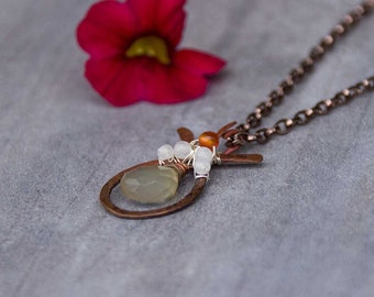 Faceted Olive Green Chalcedony Necklace, Copper WireWrapped Pendant, Chalcedony Moonstone and Carnelian Necklace.