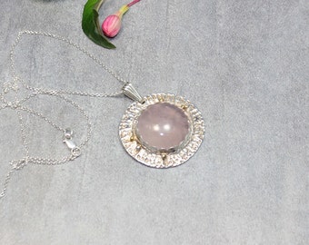 Large Genuine Rose Quartz Necklace, Pink Crystal Pendant,  Rose Quartz Jewelry, Pink Gemstone, Silver and Roze Quartz.