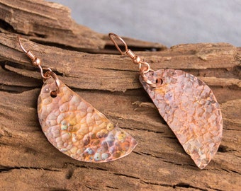 Copper Halfmoon Earrings Flame Painted Jewelry Copper Mismatched Earrings Copper Jewelry Textured Hammered Semi Circle Earings