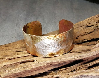 Flame Painted Copper and Sterling Silver Textured Cuff Bracelet