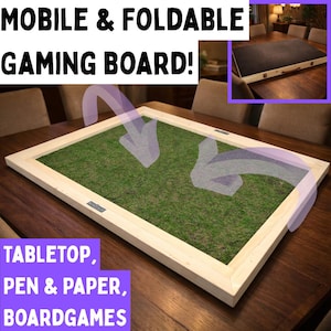 May include: A mobile and foldable gaming board with a green playing surface, framed in light wood. The text "MOBILE & FOLDABLE GAMING BOARD!" is at the top. The text "TABLETOP, PEN & PAPER, BOARDGAMES" is at the bottom.