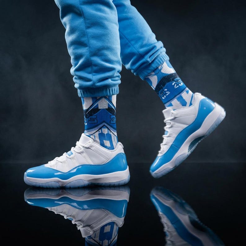 Calcetines a juego para Jordan 11 Diseño inspirado en UNC / Estilo urbano azul Carolina Estilo baloncesto Heritage imagen 6
