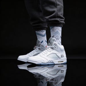 Calcetines Jordan 5 Retro Blanco Metálico a juego / Ropa urbana de baloncesto Fighter Jet Metálico
