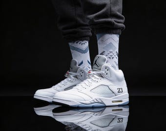 Calcetines Jordan 5 Retro Blanco Metálico a juego / Ropa urbana de baloncesto Fighter Jet Metálico