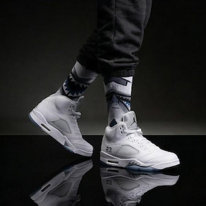 Calcetines Jordan 5 Retro Blanco Metálico a juego / Ropa urbana de baloncesto Fighter Jet Metálico