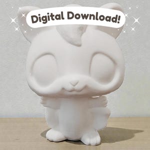 May include: A white, unpainted ceramic figurine of a cartoon animal with closed eyes, ears, and paws. The text "Digital Download!" is displayed above the figurine. The figurine is designed to be painted.