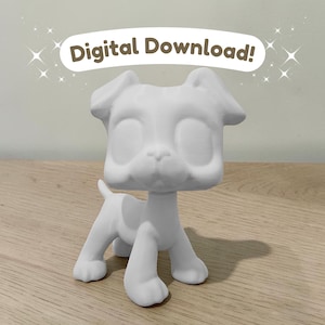 May include: A matte white, stylized dog figurine with large, blank, oval-shaped eyes, a small nose, and pointed ears. Above the figurine, a white speech bubble contains the brown text Digital Download! surrounded by small star icons.