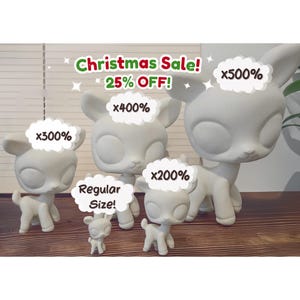 May include: A collection of white ceramic deer figurines in various sizes. The image includes text that reads "Christmas Sale! 25% OFF!" and size multipliers. The figurines range from small to large, with a regular size deer in the center.