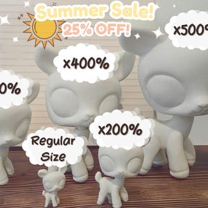 May include: A display of white deer figurines in different sizes, with the text "Summer Sale! 25% OFF!" and size multipliers on cloud labels. Sizes vary from regular to x500%.