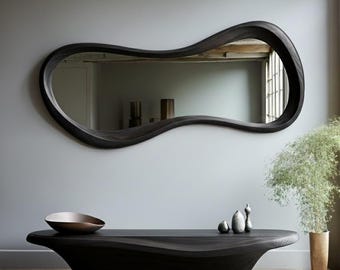 Asymmetrische spiegel van zwart eikenhout - Spiegel voor huisdecoratie - Wandspiegel van zwart eikenhout - Minimalistische spiegel - Spiegel voor de hal van zwart eikenhout