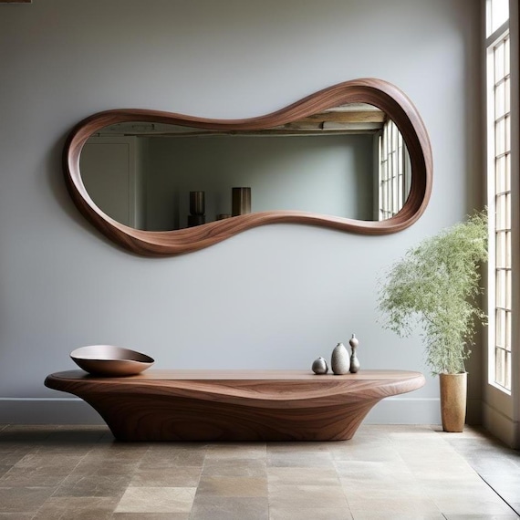 Real Walnut Irregular Mirror - Mirror Home Decor - Walnut Wall Decor - Wooden Mirror - Minimalist Mirror - Walnut Entryway Mirror