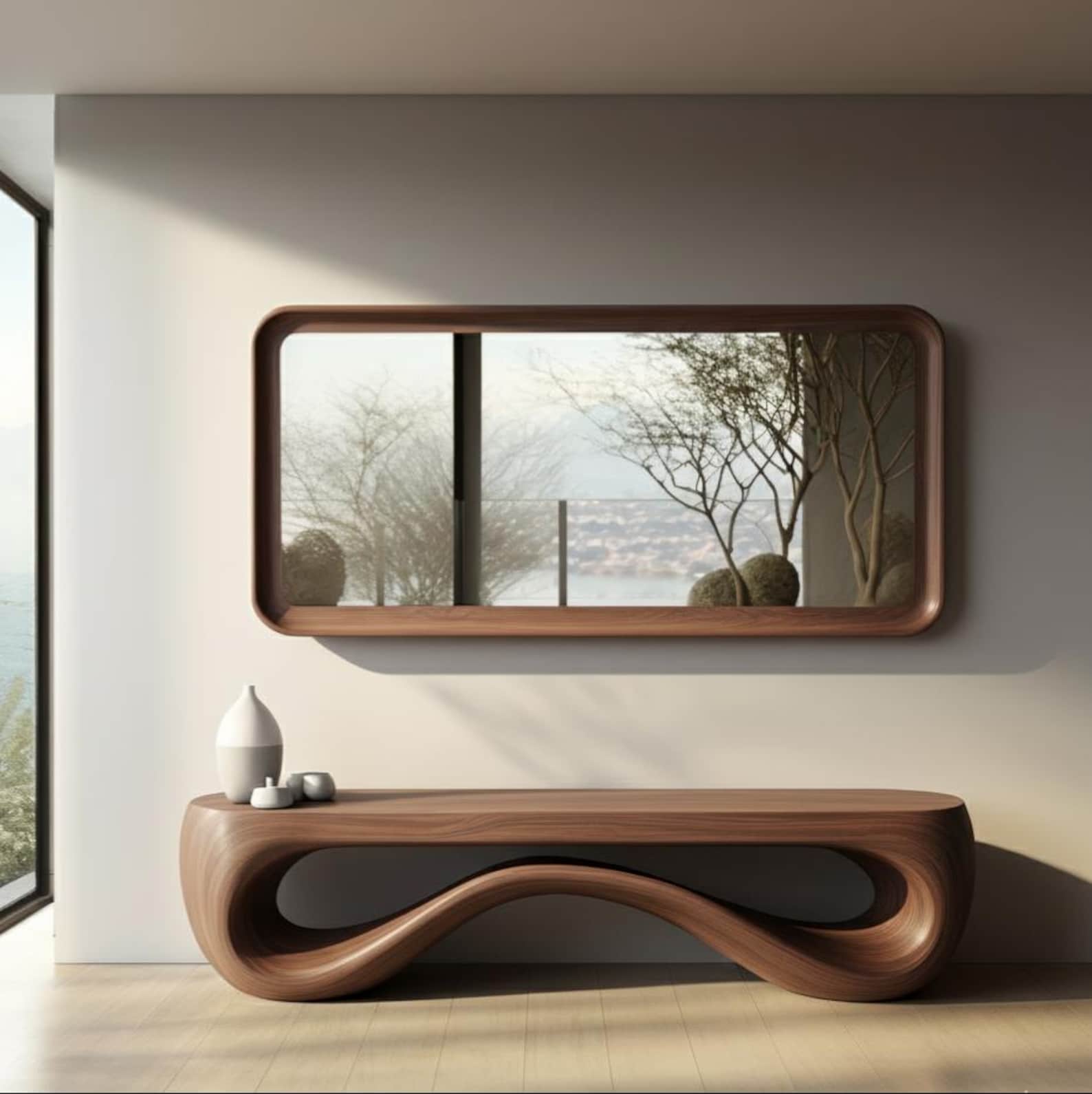 Rectangular Walnut Wall Mirror – Modern Wooden Mirror for Entryway ...