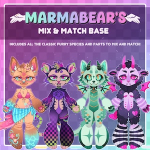 Puede incluir: Una hoja de arte digital titulada MARMABEAR'S MIX & MATCH BASE que presenta cuatro diseños de personajes antropomórficos. Los personajes muestran variados patrones de pelaje, colores y accesorios, incluyendo alas, cuernos y prendas de vestir sobre un fondo morado.