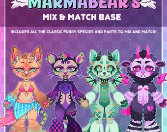 May include: A digital art sheet titled MARMABEAR'S MIX & MATCH BASE featuring four anthropomorphic character designs. The characters display varied fur patterns, colors, and accessories, including wings, horns, and clothing items on a purple background.